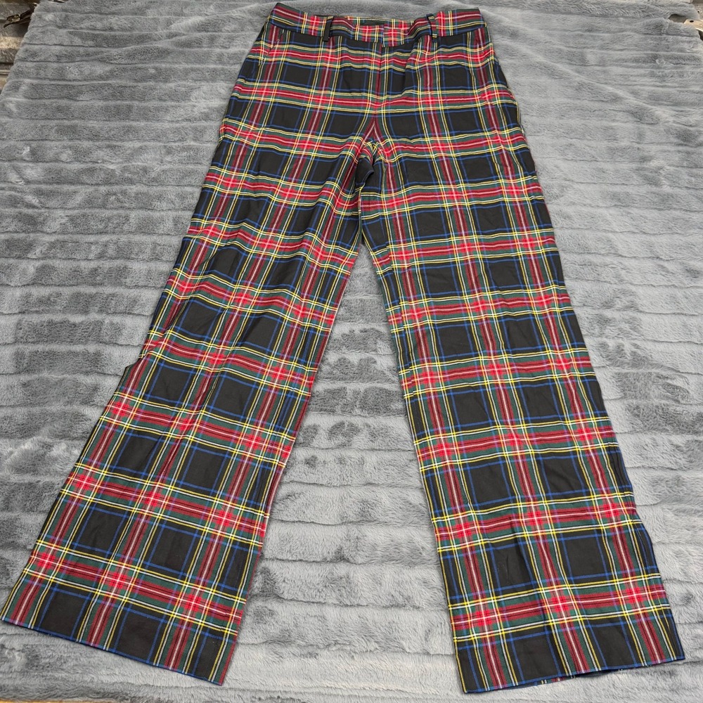 Talbots Womens Stewart Plaid Wide Leg Wool Blend Pants Black Red Green Size 4